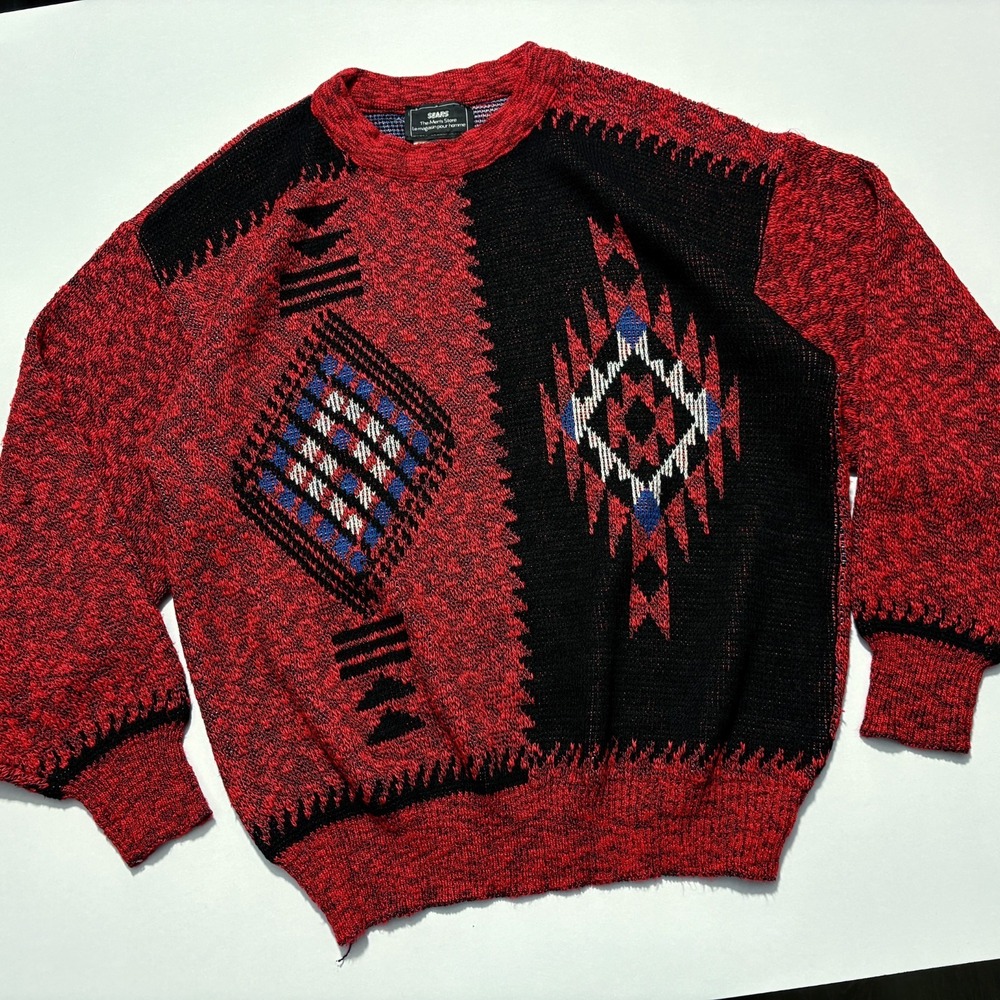 Vintage Sears Sweater Geometric Aztec Southwestern Red Black Grandpa Knit Sz 40